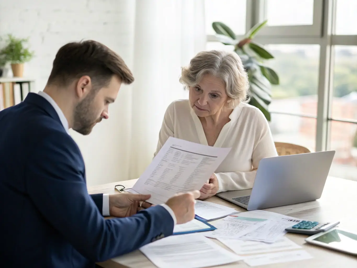 A consultant in a suit, reviewing financial documents with a client in a modern office setting, symbolizing financial consulting services.