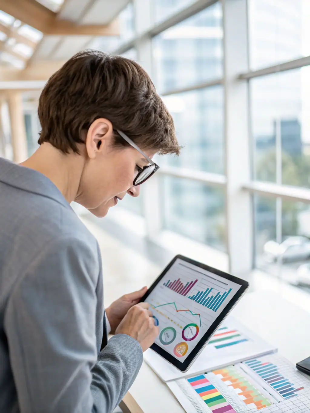 A consultant analyzing financial data and market trends on a tablet, with charts and graphs displayed.