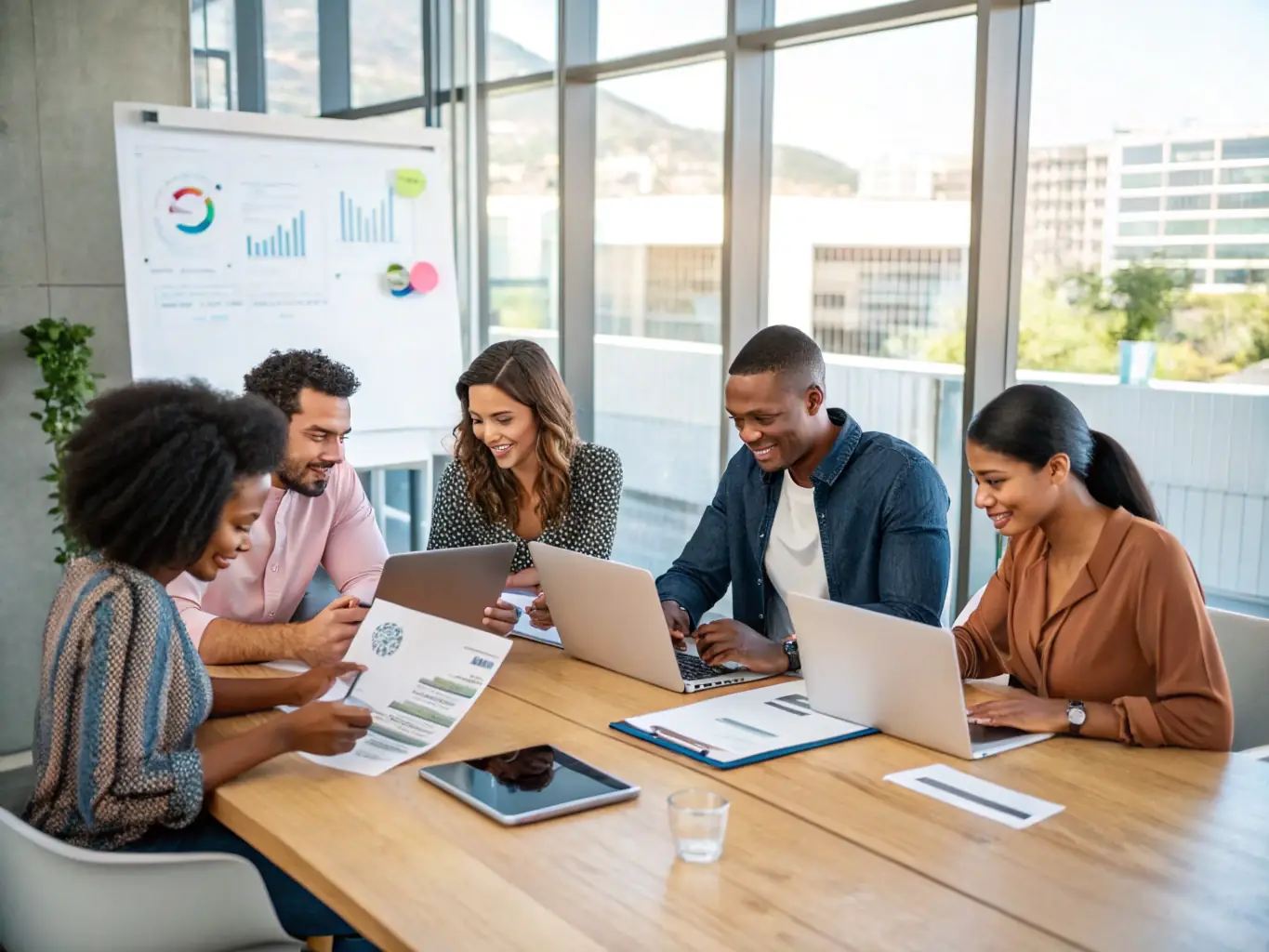 An image of a diverse business team collaborating around a table, reviewing strategic plans and financial documents, symbolizing strategic business planning.