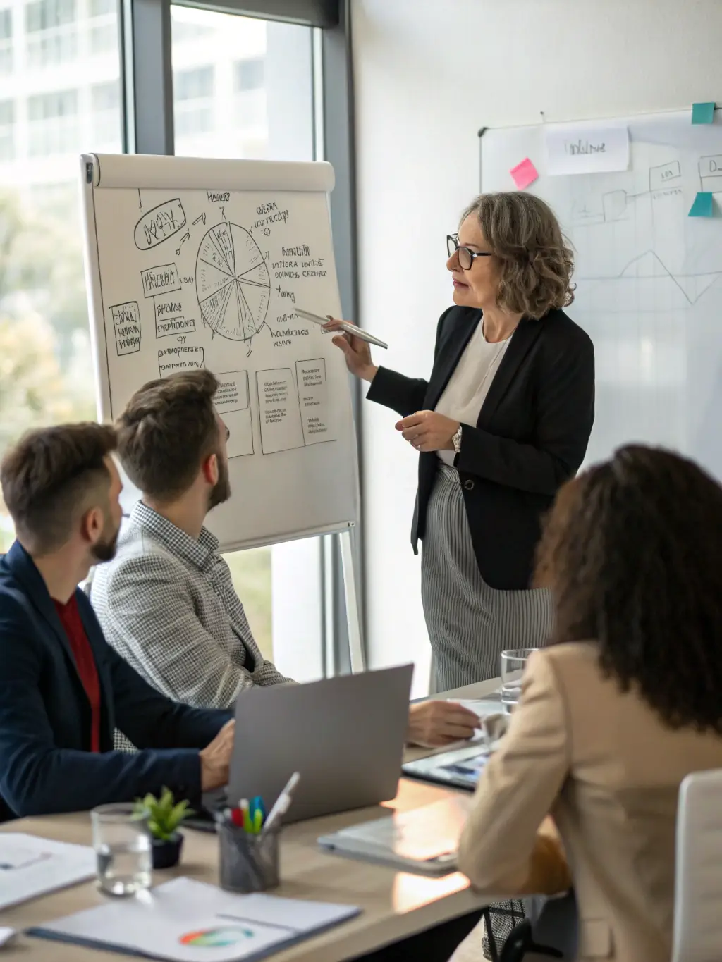 A professional consultant facilitating a strategic planning session with a diverse group of executives in a modern boardroom.